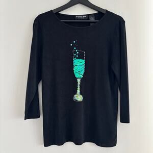 Robbie Bee Knitwear Champagne Sequin Beaded Embellished Top 3/4 Sleeves Size M